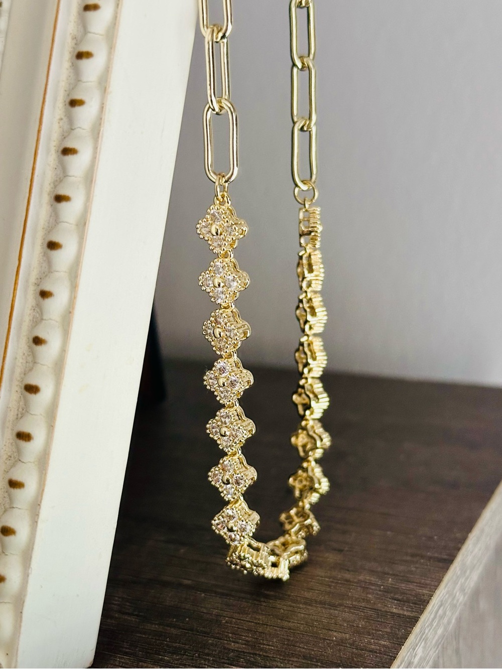 Gold Plated Paper Clip Chain CZ Clover Necklace
